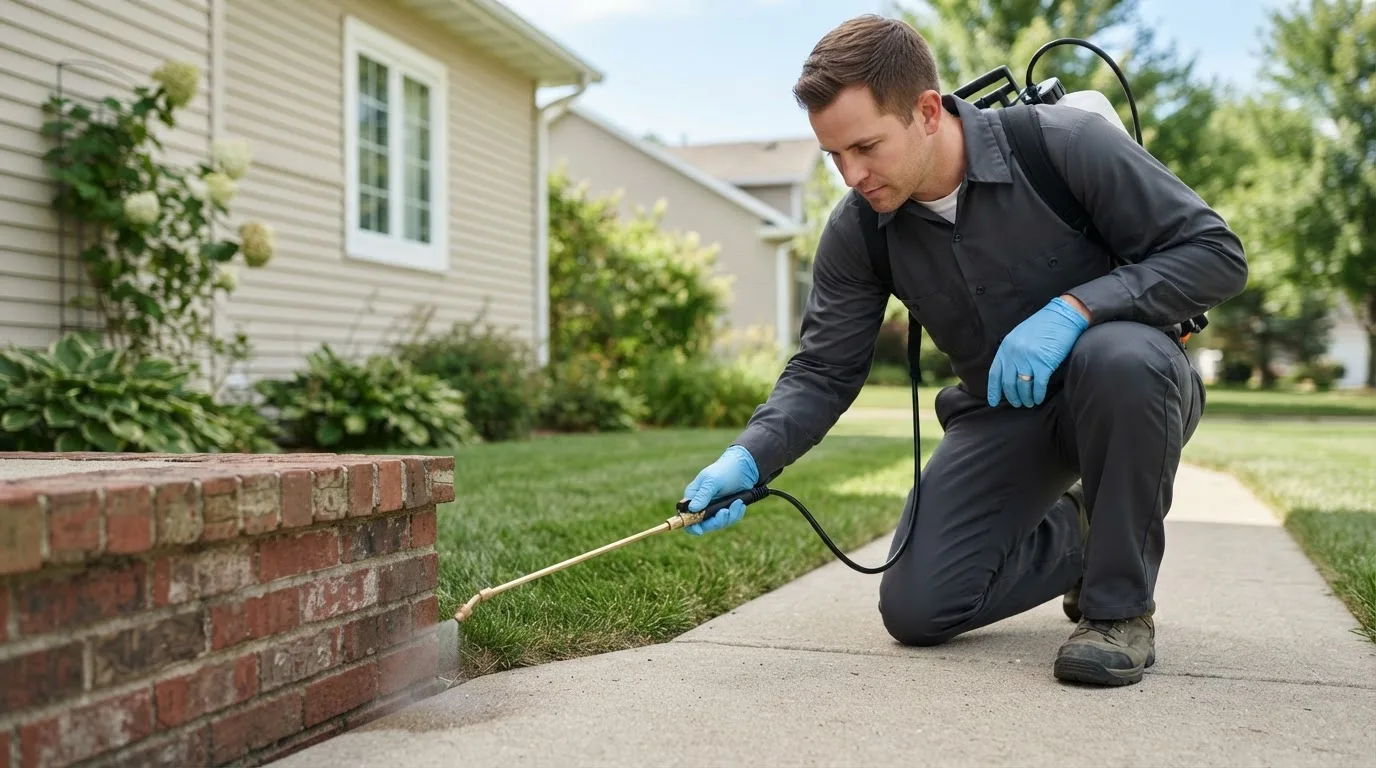 Pest control technician treating a home near Birch Run, MI