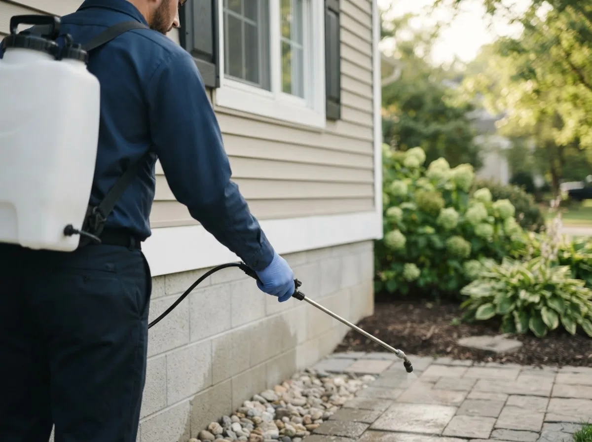 Pest control technician inspecting a home in Birch Run, MI